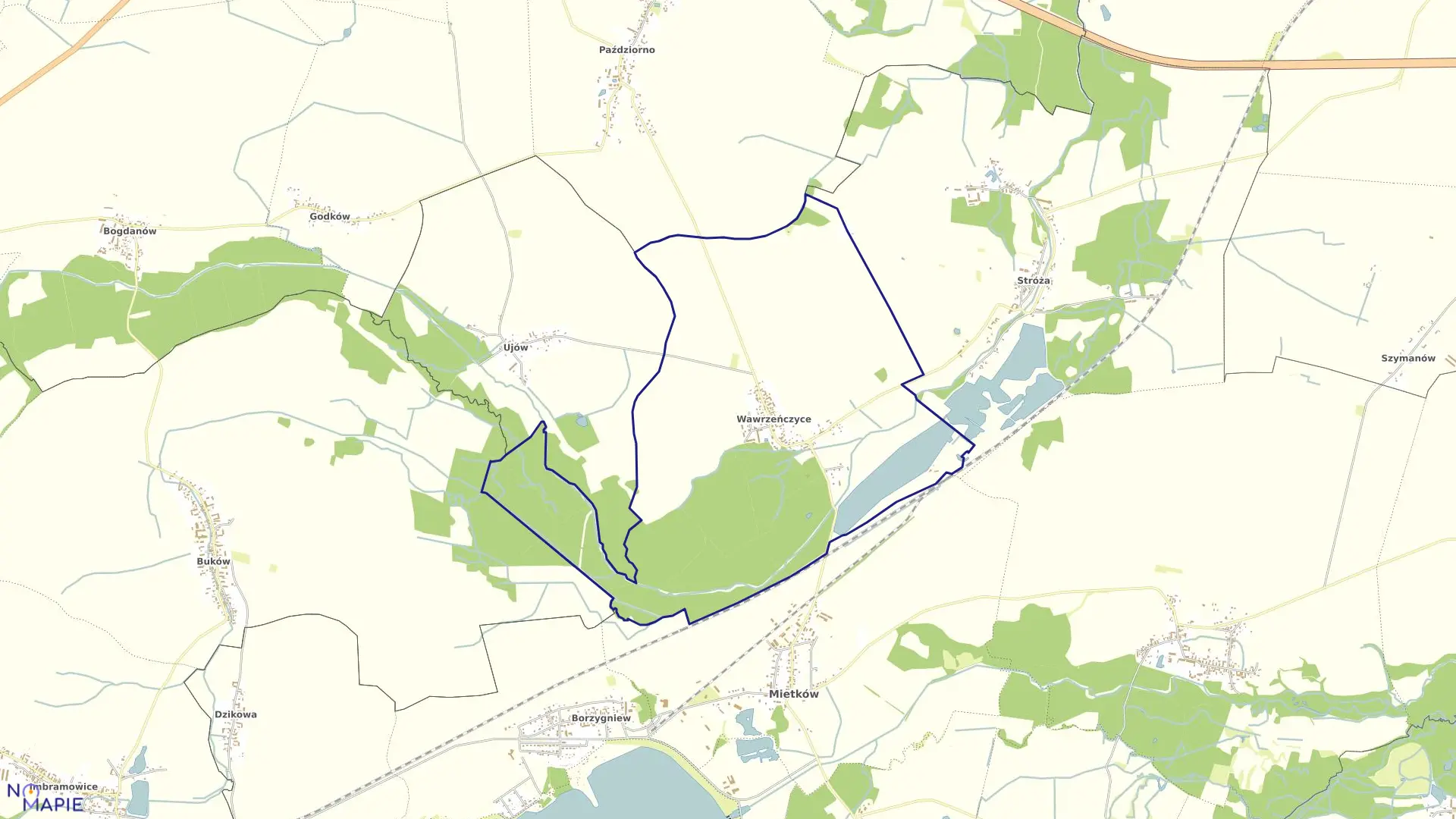 Mapa obrębu Wawrzeńczyce w gminie Mietków